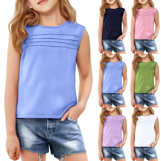 Débardeurs d'Été pour Filles Sans Manches Coupe Ample Tunique Blouses Habillées Décontractées Plissées devant Col Rond Boho Chemises