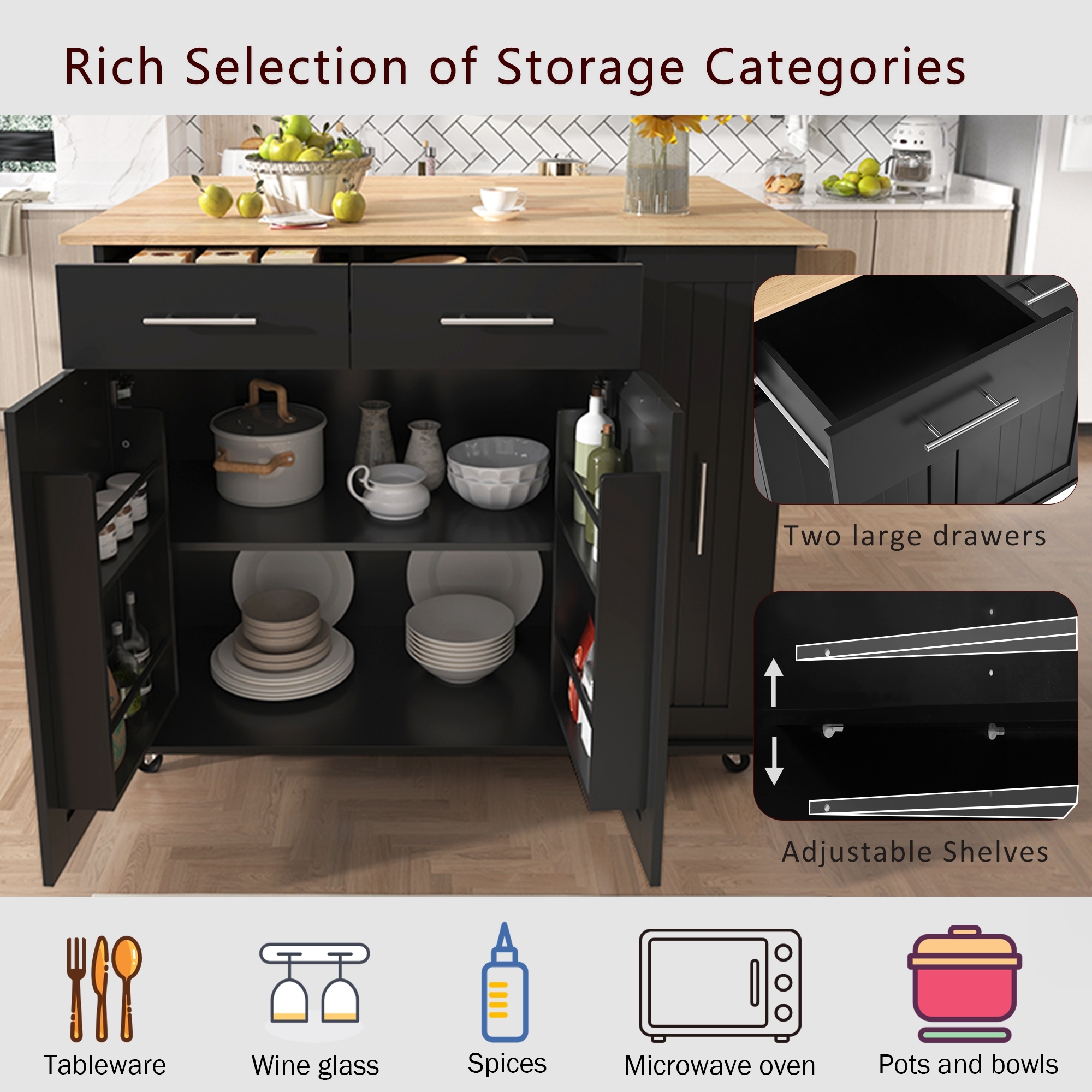 DEALTOPS 46" Kitchen Island with Drop Leaf, Kitchen Storage Cart with 3 Tier Pull Out Cabinet Organizer, Internal Storage Rack, Rolling Kitchen Cart on Wheels with Towel Rack for Kitchen-Black