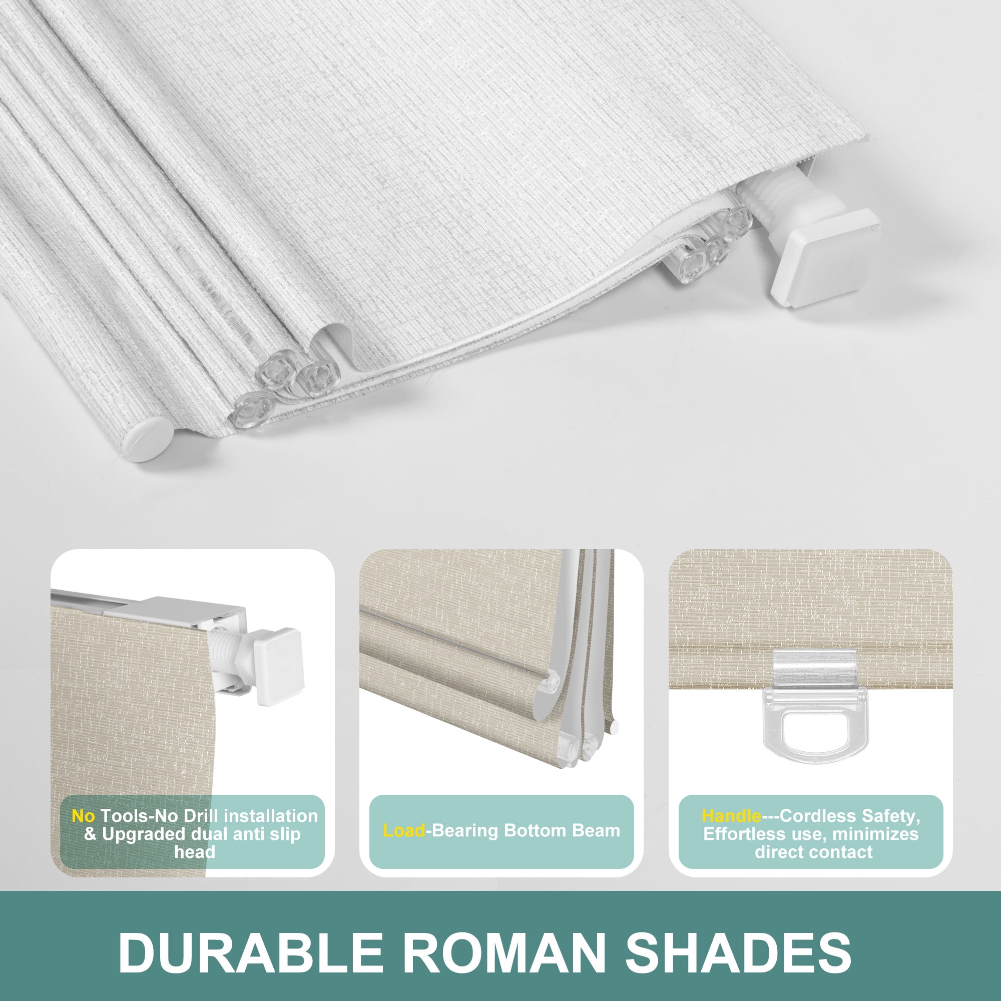 BERISSA No Drill No Tools Blackout Roman Shades for Indoor Windows Cordless, Tension Roman Blinds,Pull Down Window Shades for Home Office Easy to Install,70% Blackout Beige, ,34"W X 72"H