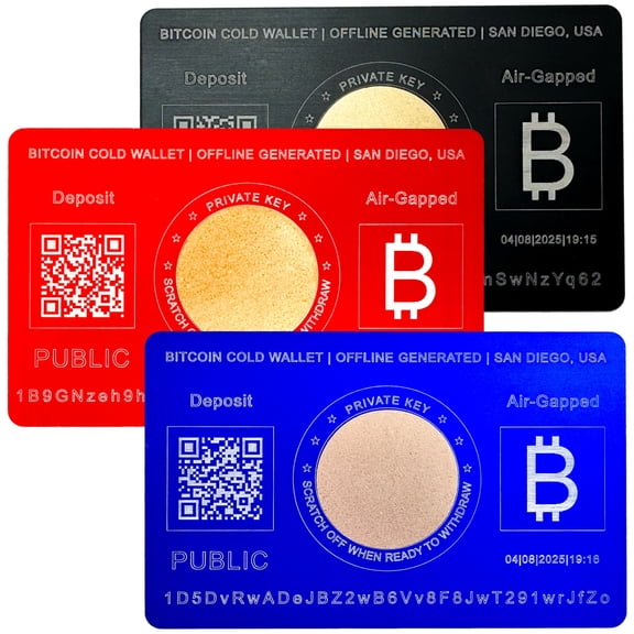 3x Bitcoin Cold Wallet Card, Gift Card  Air Gapped Offline Crypto Metal Storage USA Red Black Blue