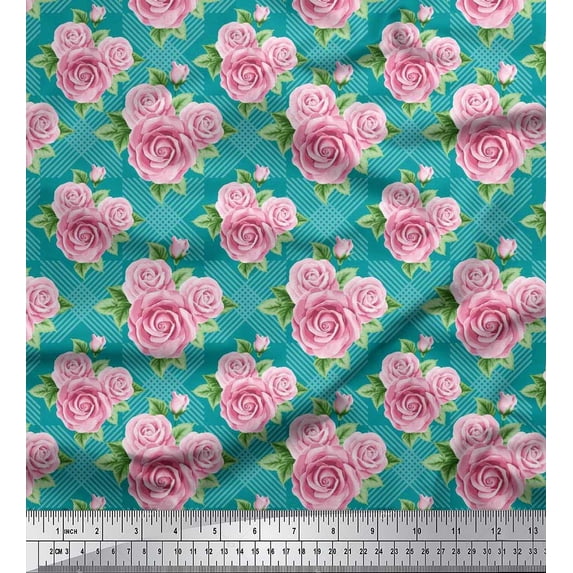 Soimoi Japan Crepe Satin Fabric Check,Leaves & Rose Floral Printed Craft Fabric by The Yard 42 Inch Wide
