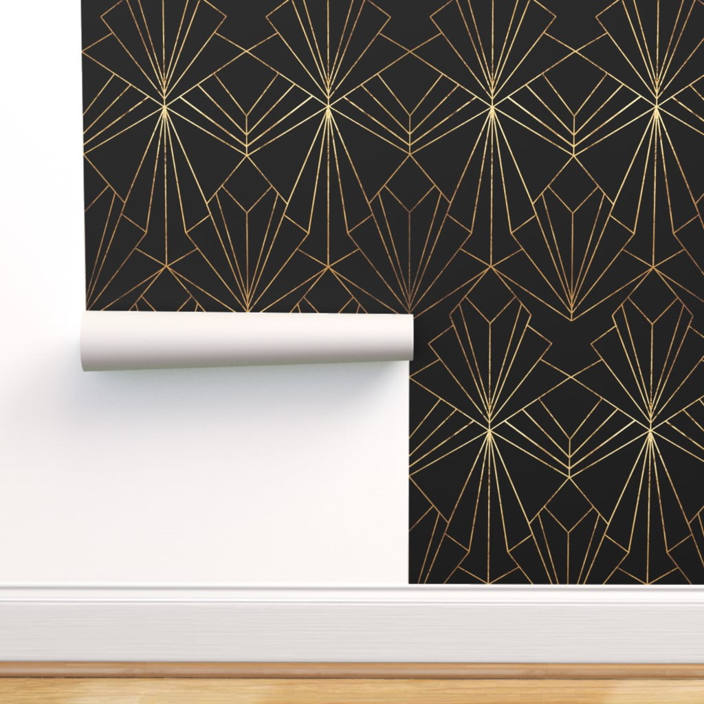Removable Water-Activated Wallpaper Abstract Black Geometric White And 