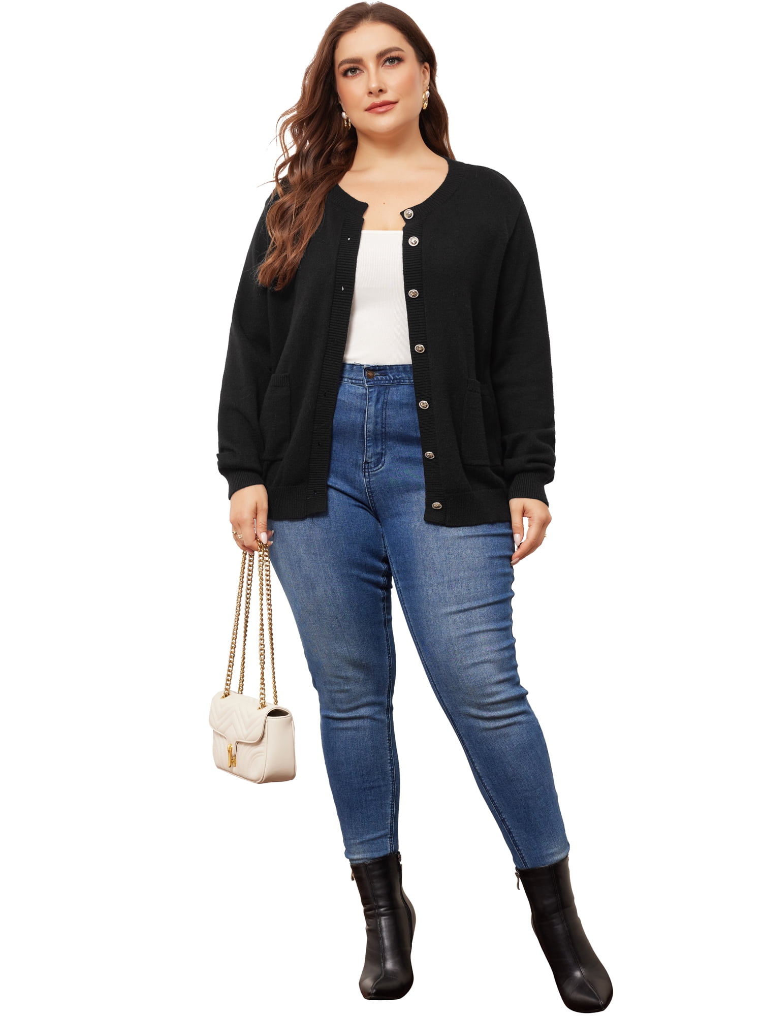 DARING DIVA Women's Plus Size Button Down Crew Neck Cardigan Sweater 3X Black