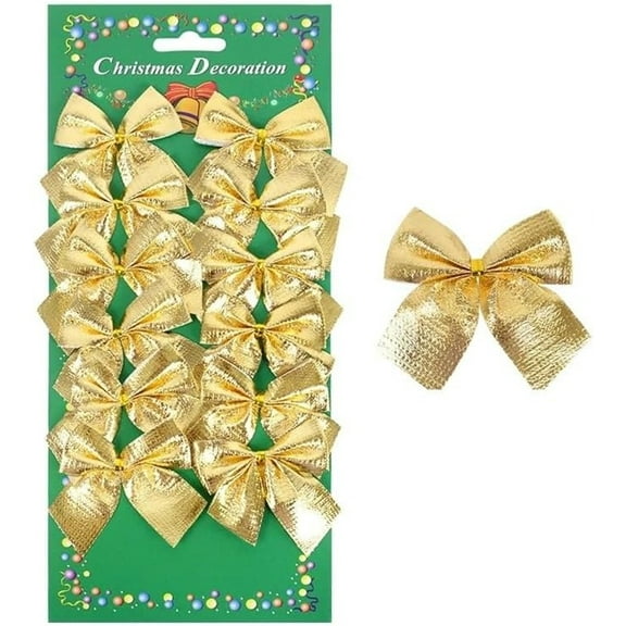 GIXUSIL 12 Pcs Gold Bows Christmas Tree Decorations, Wreath Bow Glitter Red Winter Xmas Tree Craft Bows Ornaments, New Year Holiday Party Decoration Bows (Gold)