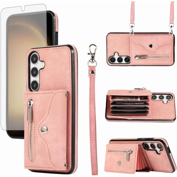 Phone Case for Samsung Galaxy S24 Plus S24 5G Wallet Cover and Tempered Glass Screen Protector with Wrist Crossbody Strap Lanyard Credit Card Holder Stand Cell S24plus 24S S 24 24 Women Rose Gold