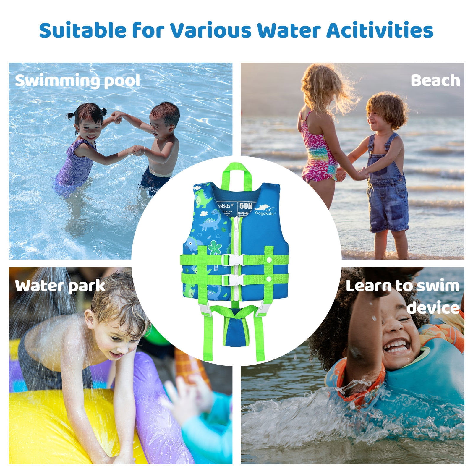 Gogokids Kids Swim Vest Life Jacket Flotation Swimming Aid with Adjustable Safety Strap Age 1-9 Years/22-50Lbs, Blue Dinosaur