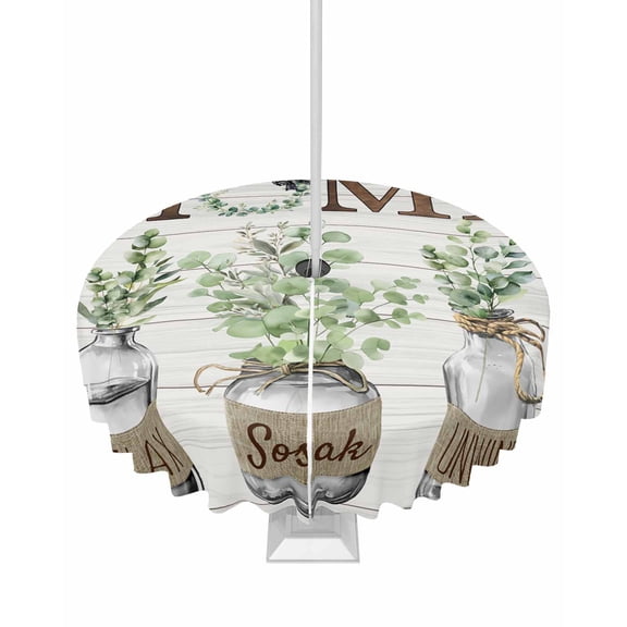 Outdoor Tablecloth with Umbrella Hole for Patio/Picnic/Party/Camping, Eucalyptus Leaves Waterproof Table Cloth Round Cover Washable, Farmhouse Botanical Plants Wooden Grain Dia 60"