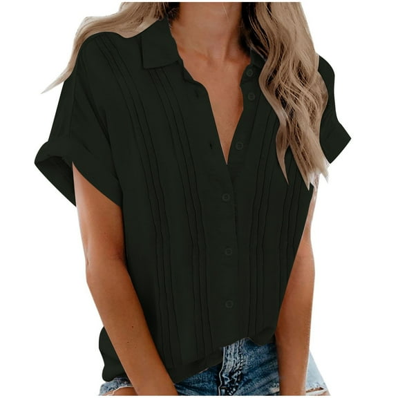 DianGeFu Women’s Plus Size Short-Sleeve Button-Front Camp Shirt,Fashion Woman Causal Button Solid Blouse Short Sleeve T-Shirt Summer Tops,Black,M