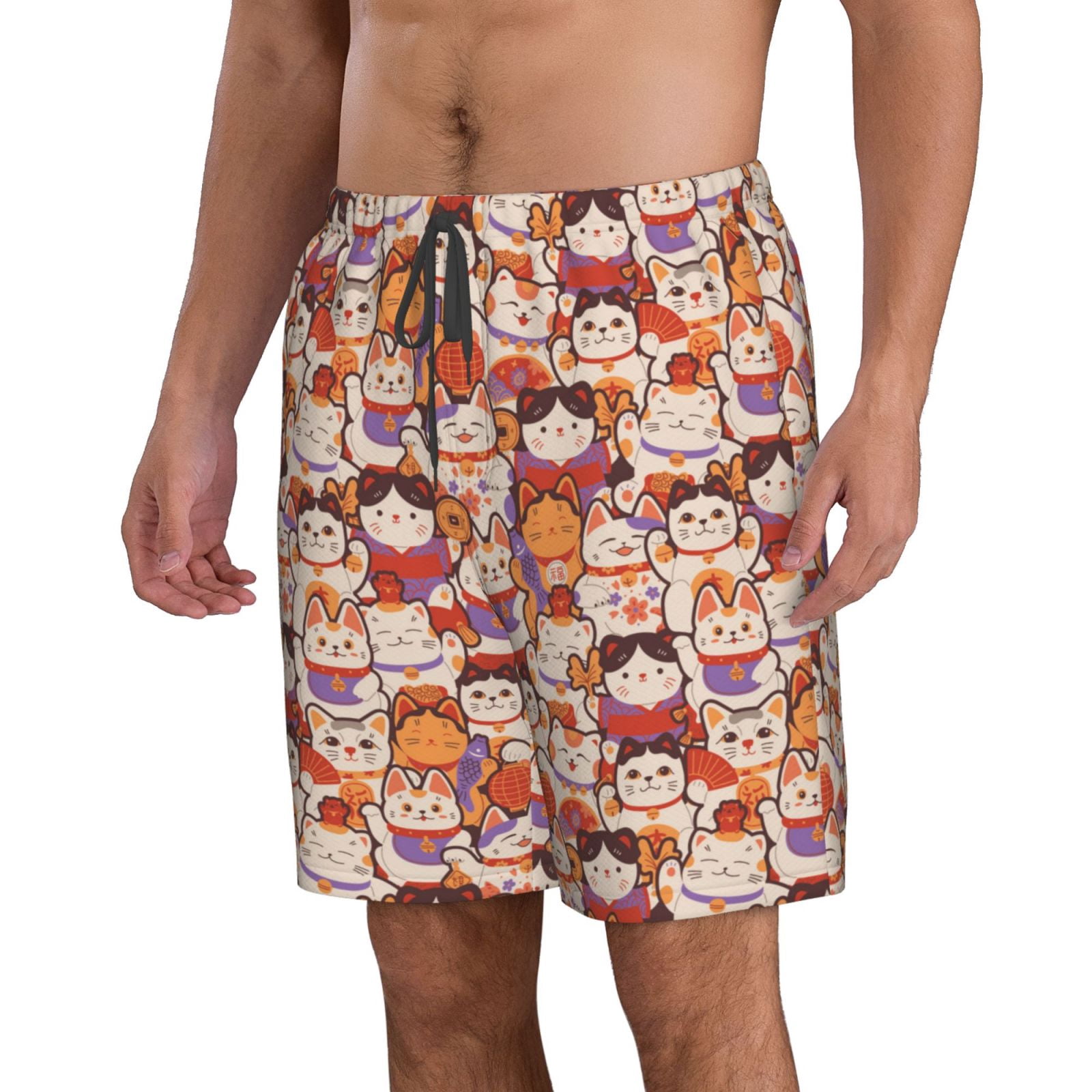 Naloa Maneki-Neko Cats Men's Beach Shorts, Surfing shorts, Swim trunks, Quick Dry Swim Trunks for Surfing Beach Fun - Large