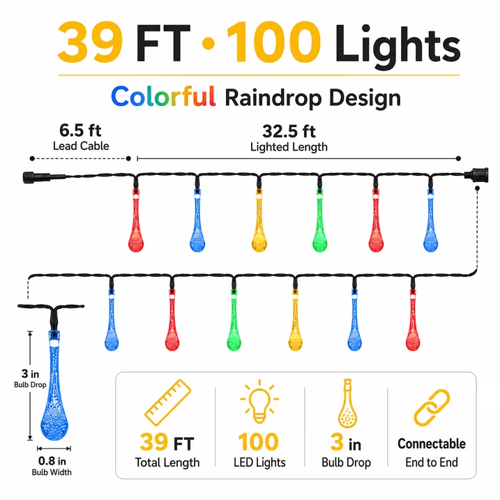 Mehoom 100 Count Solar LED String Lights, 39 Ft Multicolor photo 8