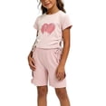 thumbnail image 4 of Zpanxa Girls Short Sets Girls Two Piece Outfit Short Sleeve Heart Print Drawstring T Shirt and Short Pant Set Kids Casual Summer Clothes Toddler Little Girls Pink 7 Years, 4 of 6