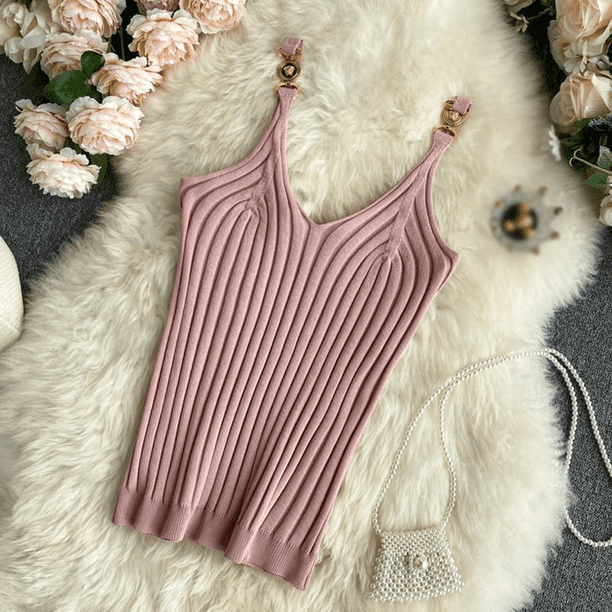 VISgogo, camisetas sin mangas para mujer, tejido acanalado, cuello en V, cadena de Metal, diseño de eslinga, ajustado, transpirable, versátil, ropa de calle, Tops VISgogo moda