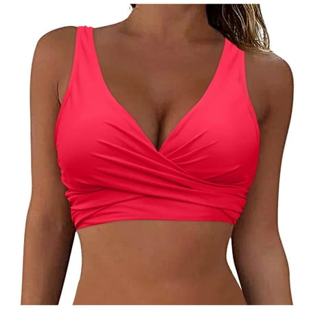 Linfrsh Women s Bikini Top Lace Up Crisscross Swim Crop Tops High Neck Swimsuit Bra Padded Watermelon Red XL