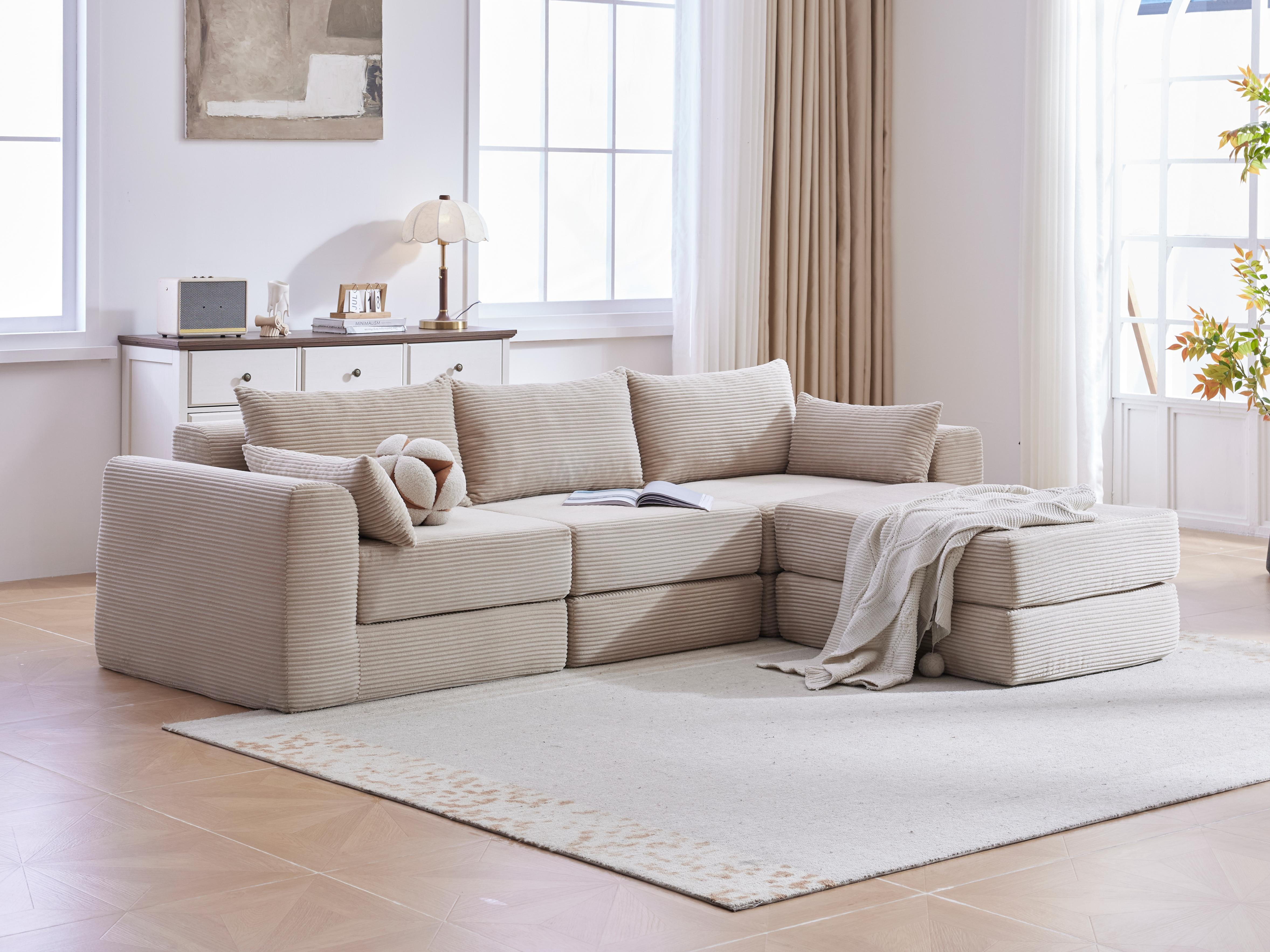 100-Inch L-Shaped Modular Sectional Sofa Couch Set with 5 Pillows, Corduroy Convertible Floor Sofa with High-Density Spring Foam for Living Room Apartment, Camel