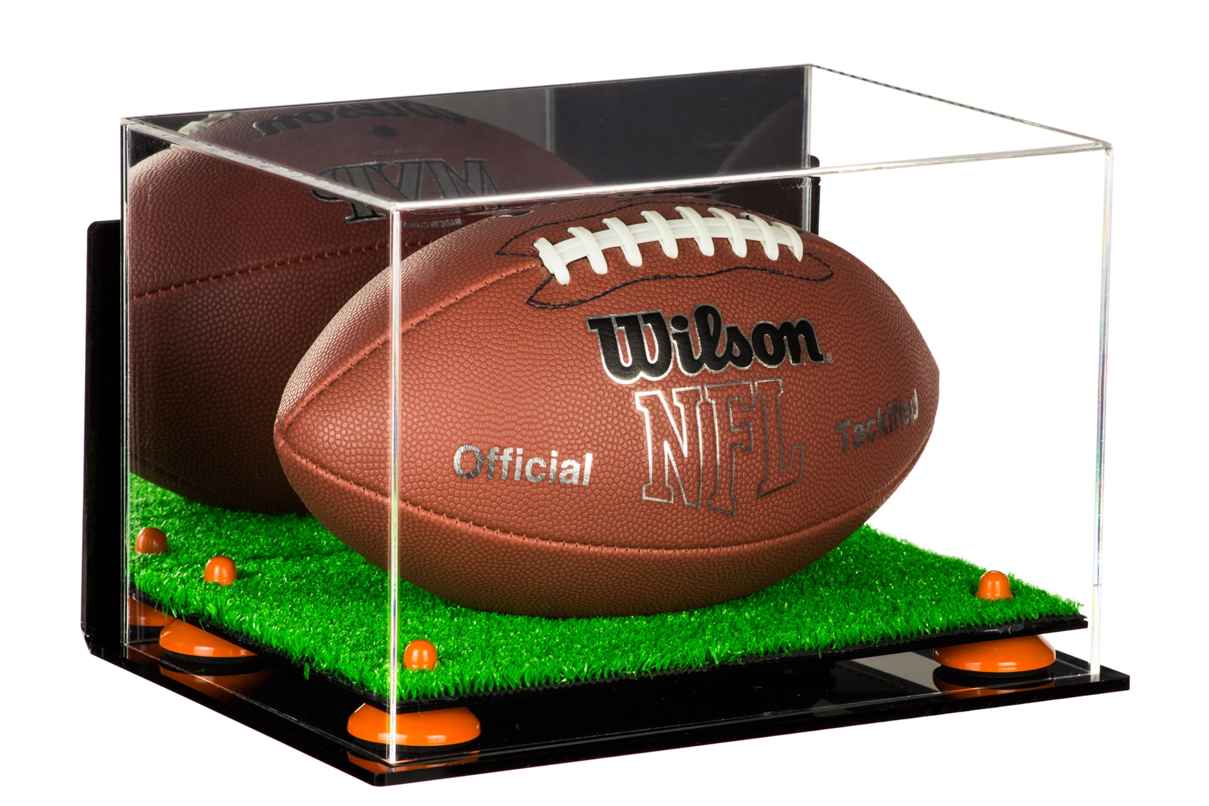 Deluxe Acrylic Football Display Case with Orange Risers, Mirror, Turf