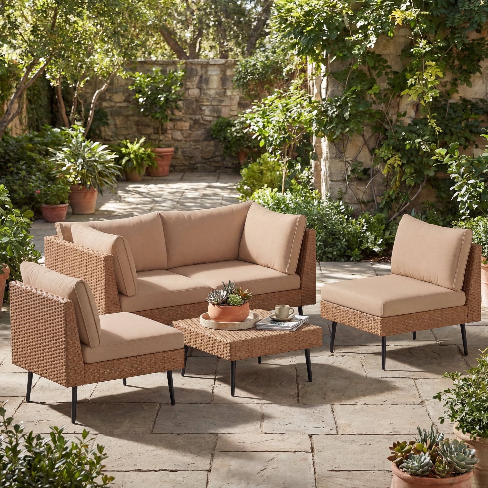 LAZZO 5-Piece Outdoor Wicker Conversation Set, All-Weather Sectional Sofa with 4 Chairs & 1 Ottoman, Khaki Cushions