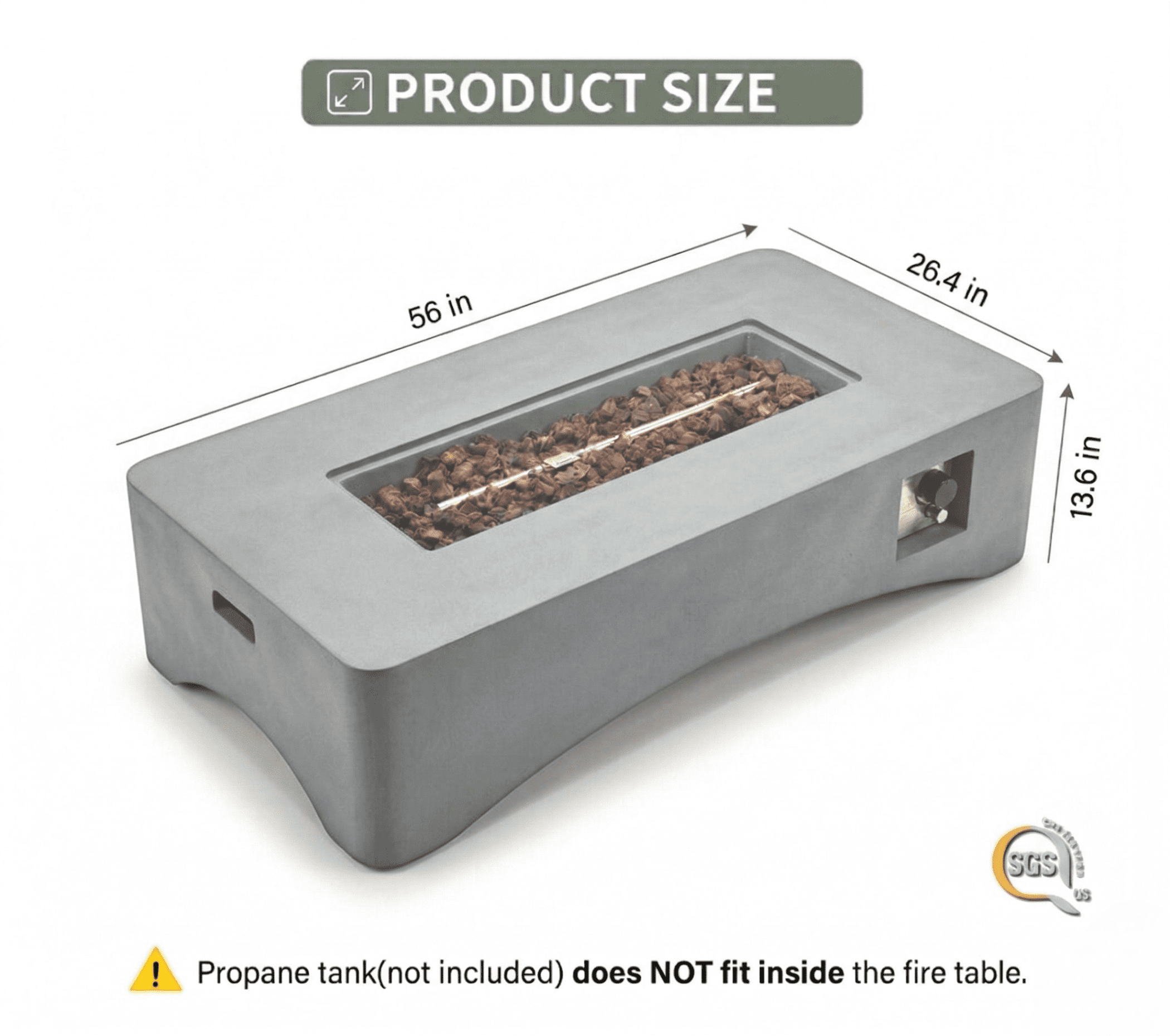56" Propane Fire Pit Table, 50,000 BTU Outdoor Gas Fireplace, Rectangular Lightweight Concrete Fire Table with Waterproof Cover, Tank Seat & Lava Rocks, Modern Gray Patio Heater for Backyard & Deck