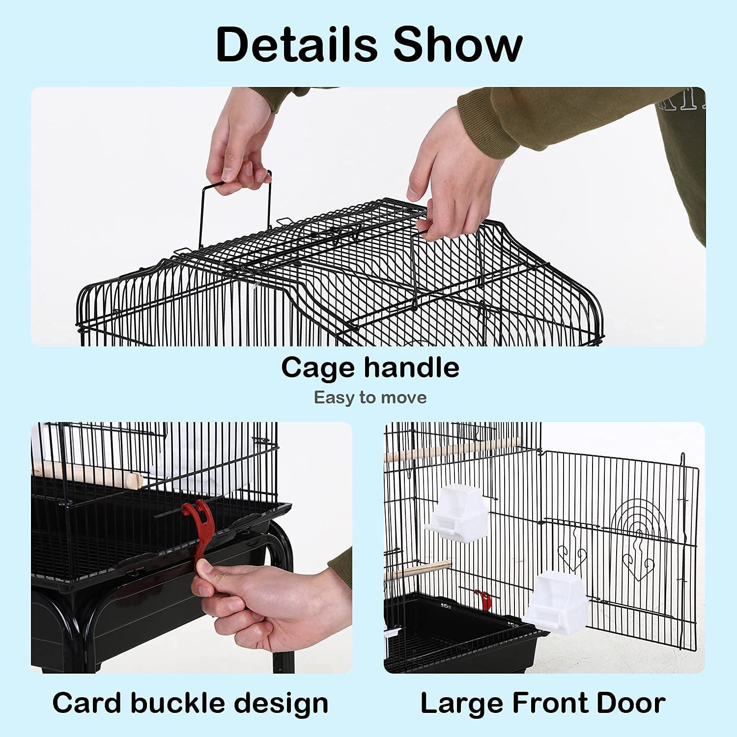 NiamVelo 64-inch Metal Bird Cage with Rolling Stand & Bottom Tray, Pet Storage Shelf Parrot Cage with Open Play Top for Lovebirds & Parakeets, Black