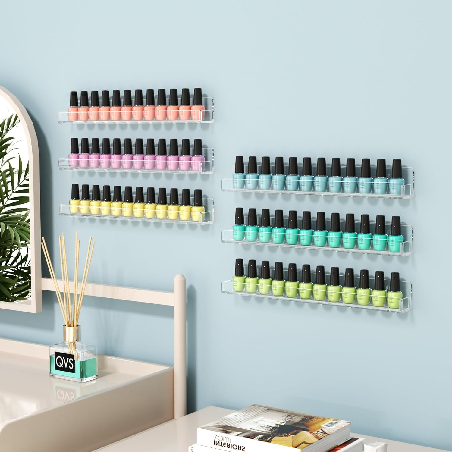 NIUBEE Nail Polish Rack, Clear Acrylic Nail Polish Wall Organizer Holder Display 96 Bottles, Removable Anti-slip End Inserts,Floating Nail Shelf for Paints and Essential Oils