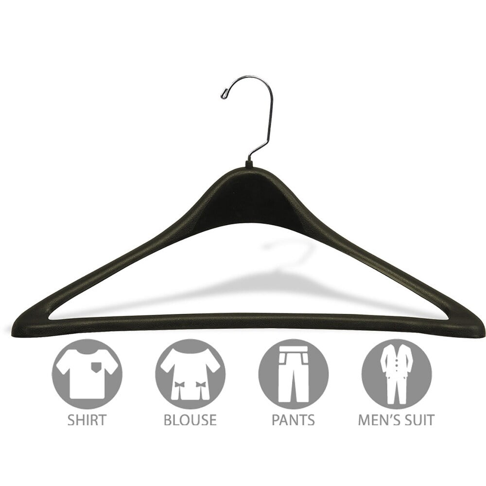 Matte Black Plastic 19 Inch Curved Suit Hanger w/ Fixed Pant Bar, Box of 100 Oversized 1/2 Inch Thick Durable Coat Hangers w/ 360 degree Chrome Swivel Hook for Coat or Jacket, by International Hanger