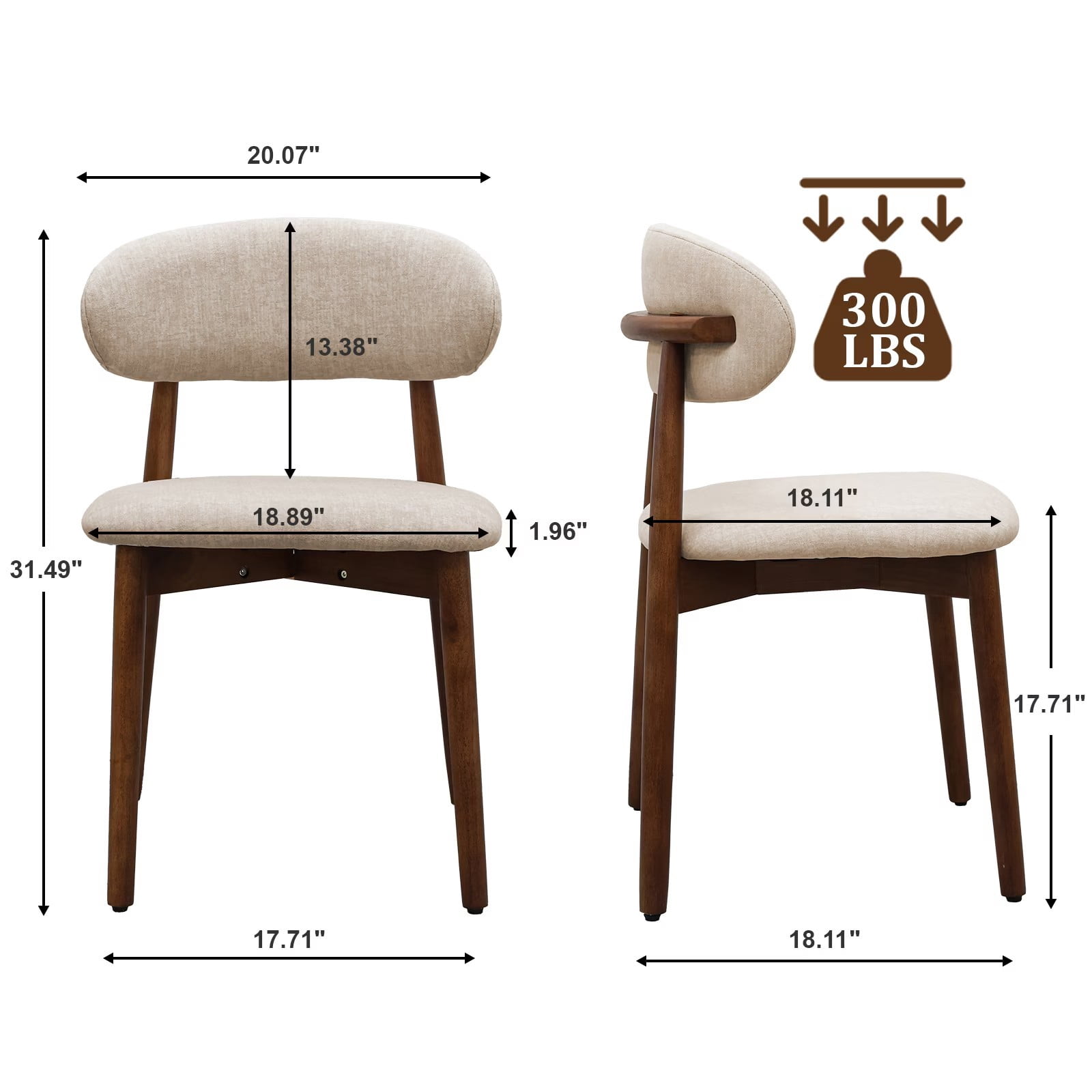 Upholstered Dining Chairs Set of 2, Light Camel Flannelette Dining Chairs with Walnut Solid Wood Legs, Mid Century Modern Armless Kitchen Side Chairs for Dining, Restaurant, Living Room
