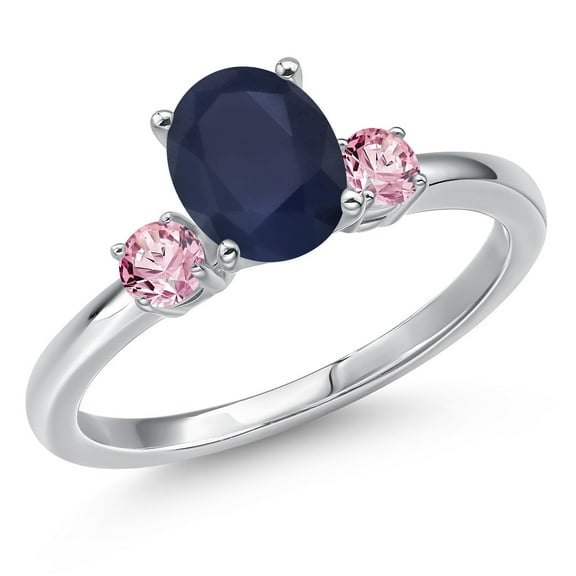 Gem Stone King 14K White Gold Blue Sapphire and Pink Lab Grown Diamond Engagement Ring for Women | 2.06 Cttw | Oval 8X6MM | Gemstone September Birthstone | Size 5