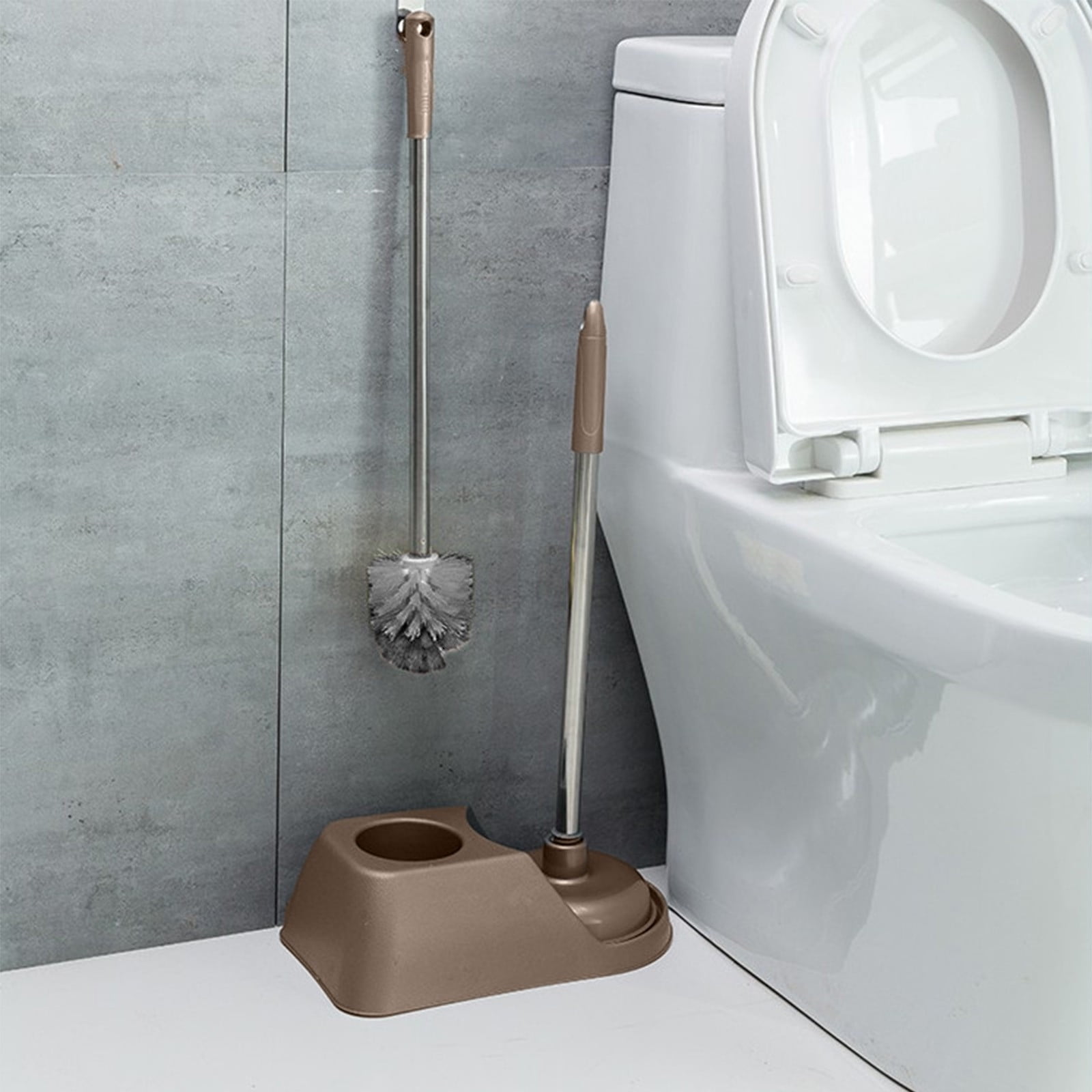 Nkmbld Toilet Brush with Hard Bristles Bathroom Cleaning Brush with Base Kit Compact Toilet Cleaner Brush Long Handle for Bathroom Cleaning, Brown