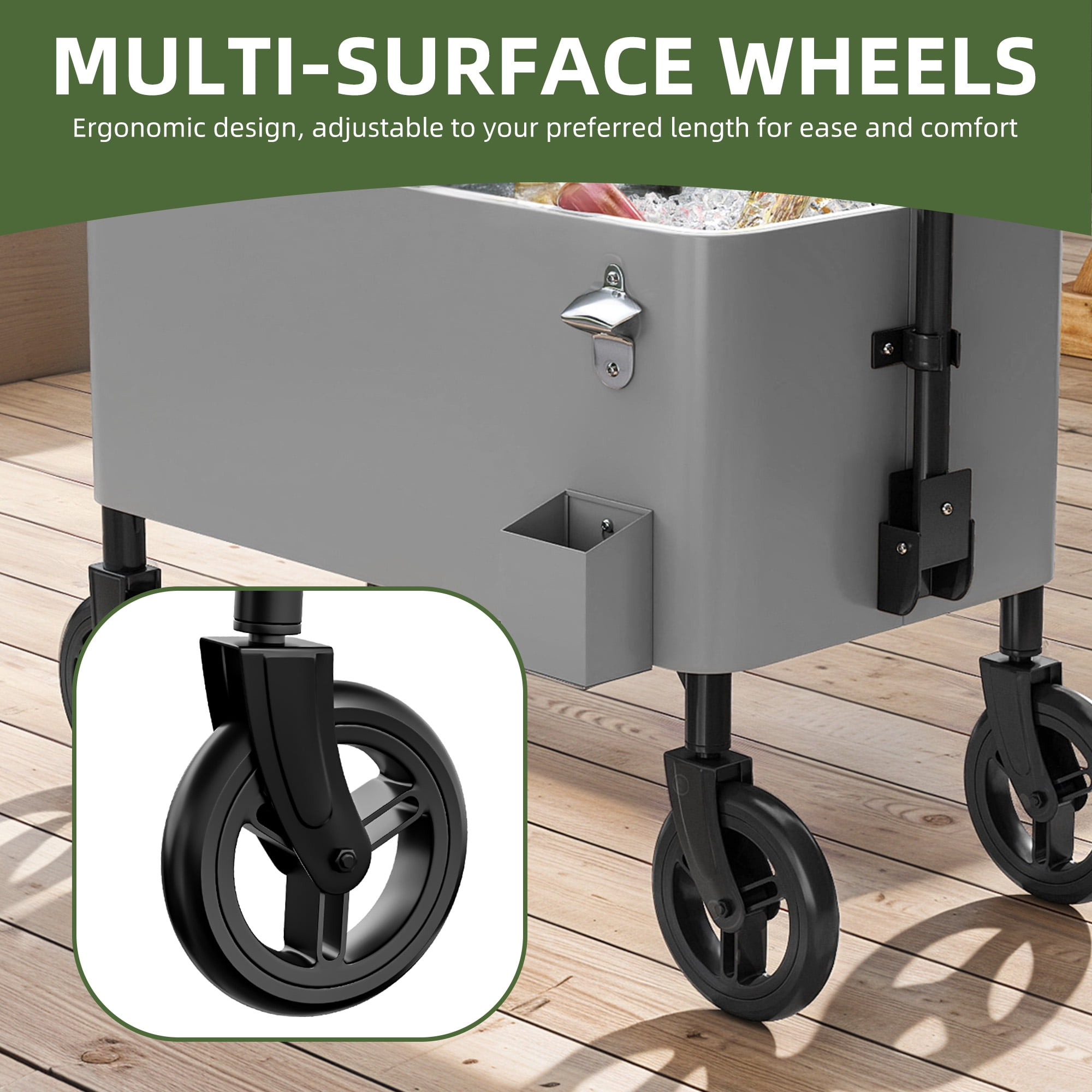 Uforic 80 Quart Rolling Cooler Cart with 360° Swivel Wheels, Outdoor Portable Beverage Ice Chest  Cart, with Bottle Opener, Silver