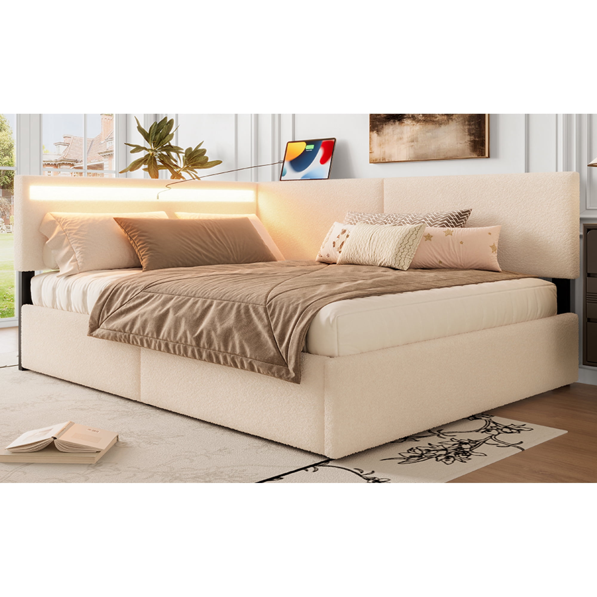 Leumius Twin Size Boucle Bed Frame, Upholstered Cloud Bed Frame with Headboard, 2 Storage Drawers, LED light and USB Charging Design, Solid Wood Legs and Slats for Bedroom Guest Room Beige