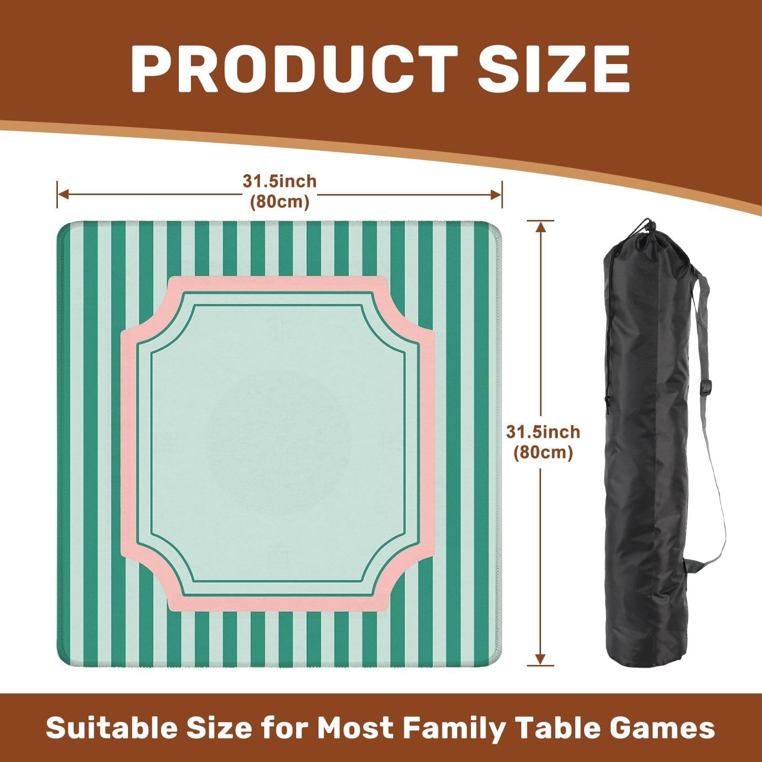 Mahjong Mat 31.5" x 31.5" Mint Green Pink Stripes Decorative Frame Non-Slip Noise Reduction Mahjong Tiles Table Cover for Dominoes Poker Card Board and Tile Games