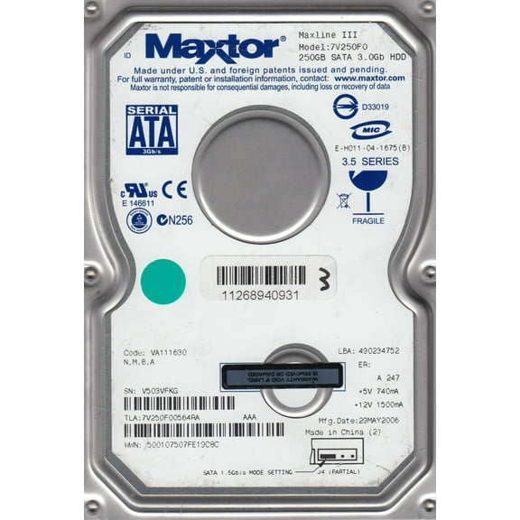 7V250F0, Code VA111630, NMBA, Maxtor 250GB SATA 3.5 Hard Drive