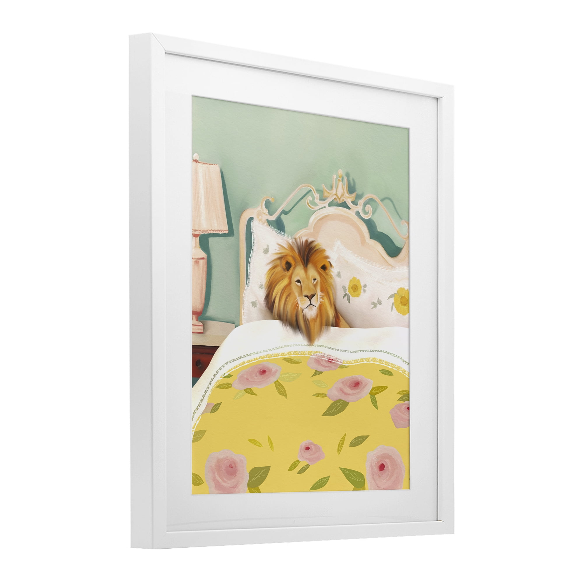 Good Morning Lion in Bed White Framed Print Under Glass, design by Leah Straatsma