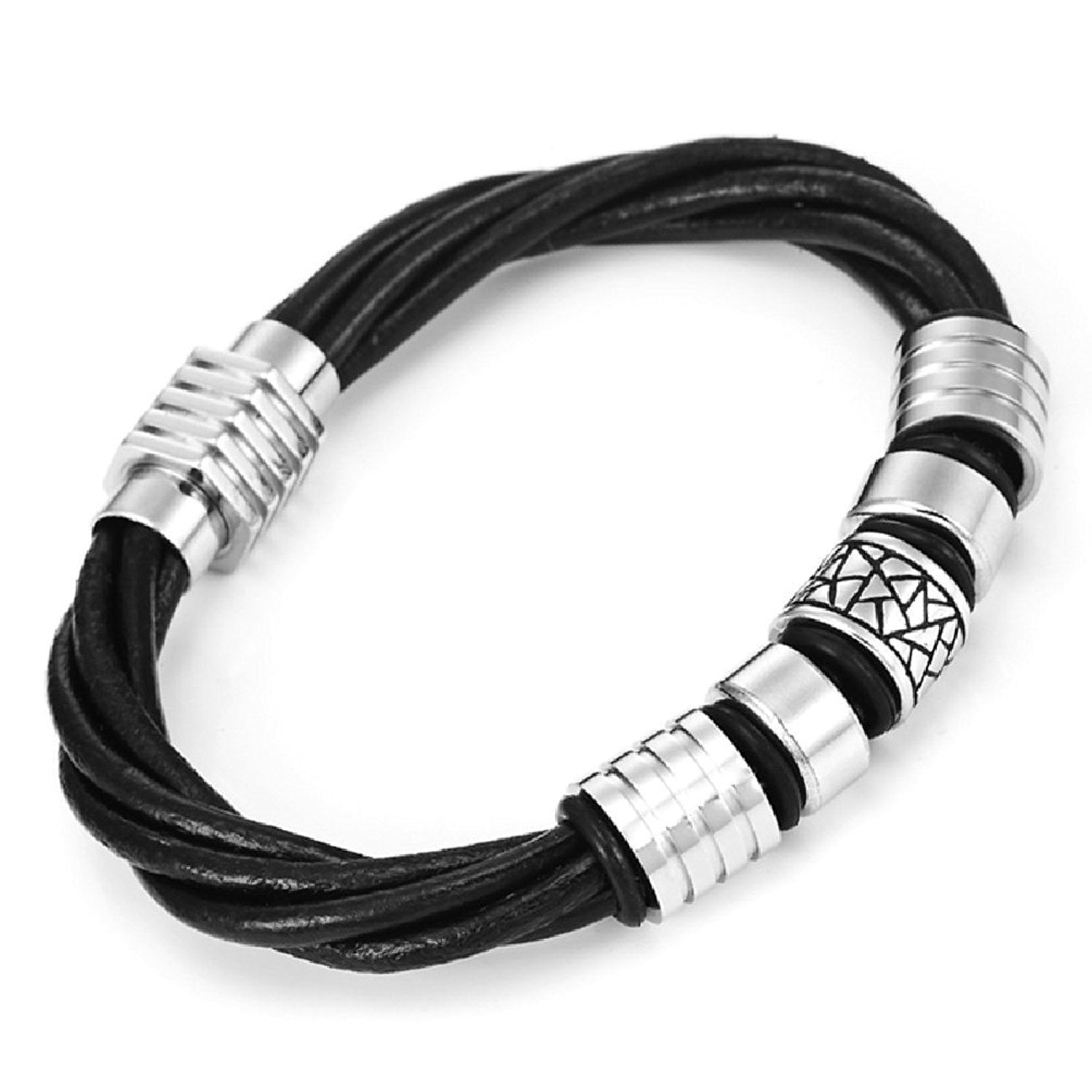 Trendy Black Genuine Leather Biker Mens Bracelet with