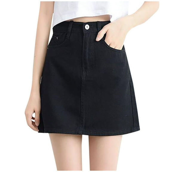 TZNBGO Fashion Women High Waist A-Line Casual Ladies Solid Button Mini Fit Skirts Glittery Skirt XQ01053 High Waist Skirt Pack Hip Skirt A-Line Short Skirt Denim Skirt Black S6794