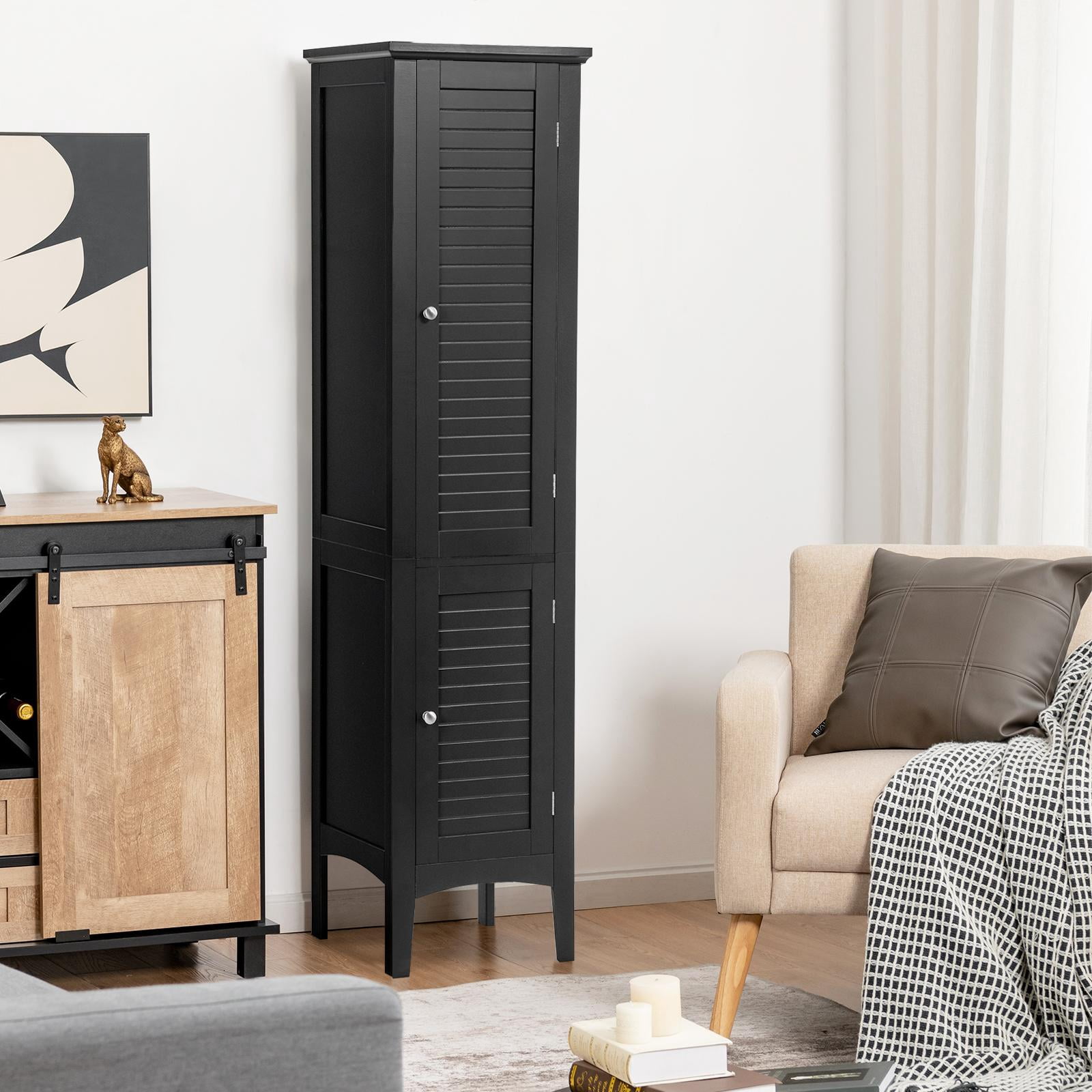 Giantex High Storage Bathroom Cabinet, Freestanding Slim Organizer,  Linen Tower Narrow Floor Cabinet, Black