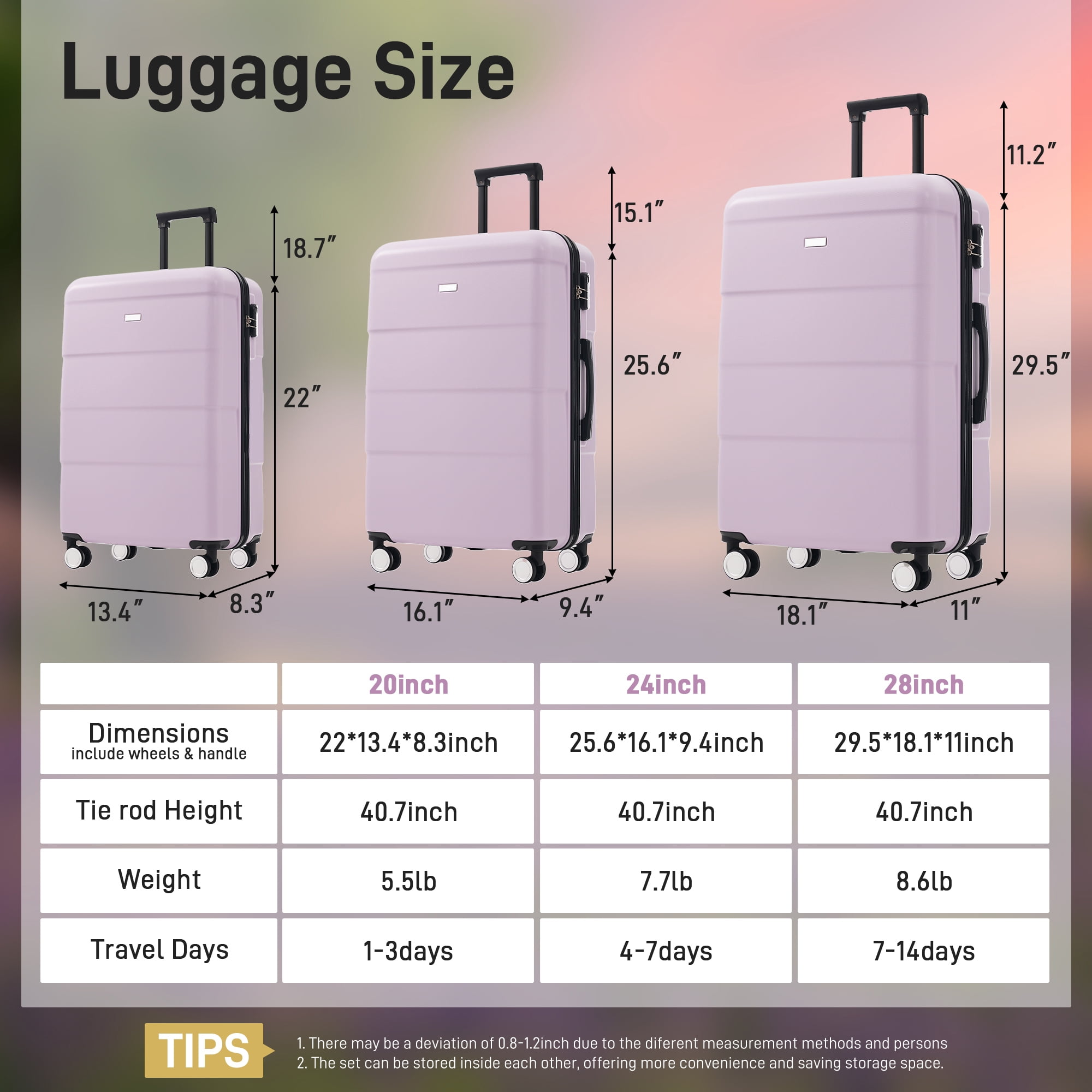 Euroco 3 Piece ABS Hardshell Luggage Sets,Lightweight Durable Suitcase with Spinner Wheels,Carry-on & Checked Travel Luggage(20"/24"/28"),Pink Purple