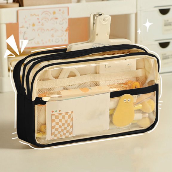 kkbbma under 5$ Clear Large Pencil Pouch, High Capacity Pencil Pen Case, Pencil Bag Pouch Box Organizer Cases, Portable Journaling Supplies With Easy Grip Handle & Loop,