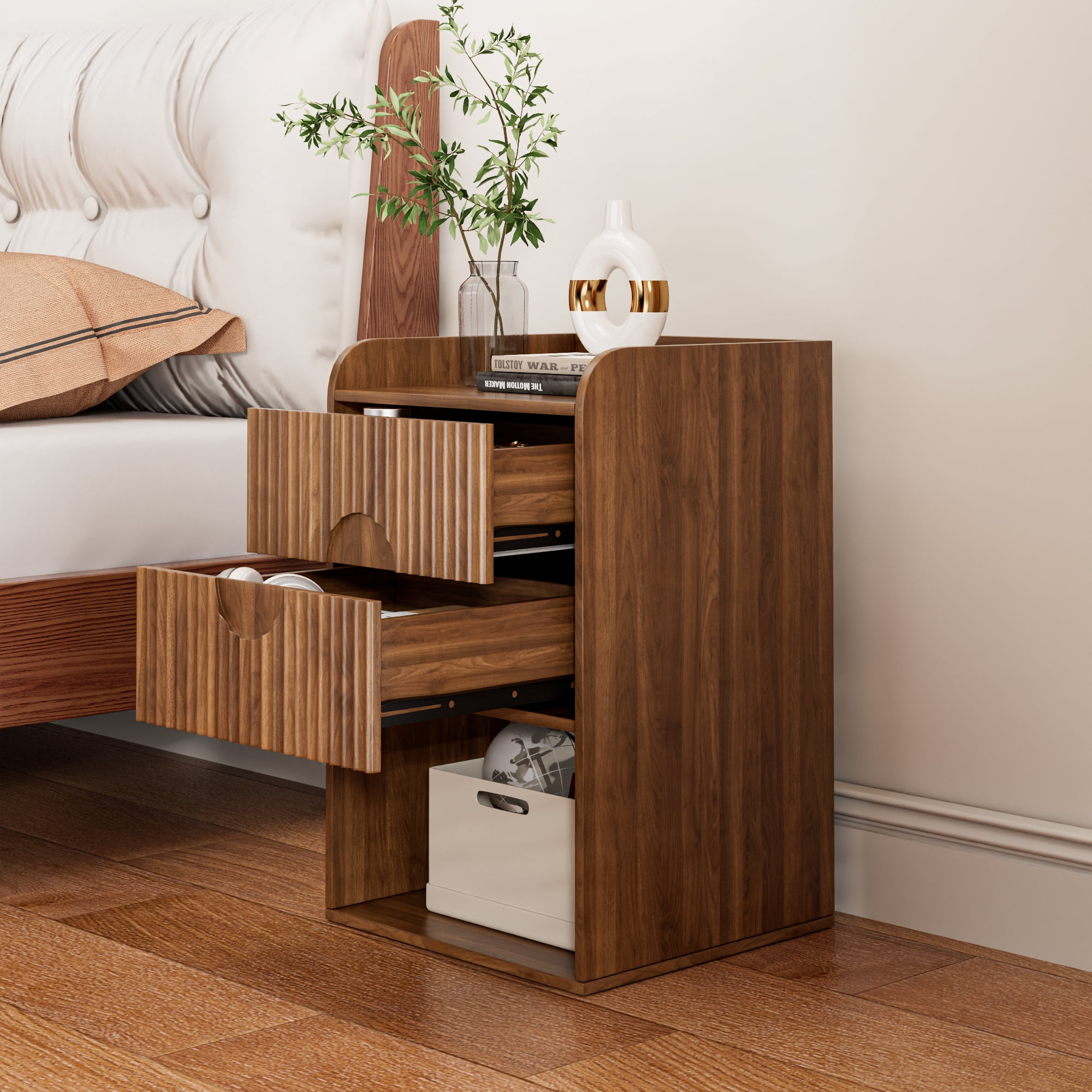 Nightstand Set of 2, End Table with Drawer, Fluted Side Table with Storage, Small bedside Table for Bedroom, Walnut