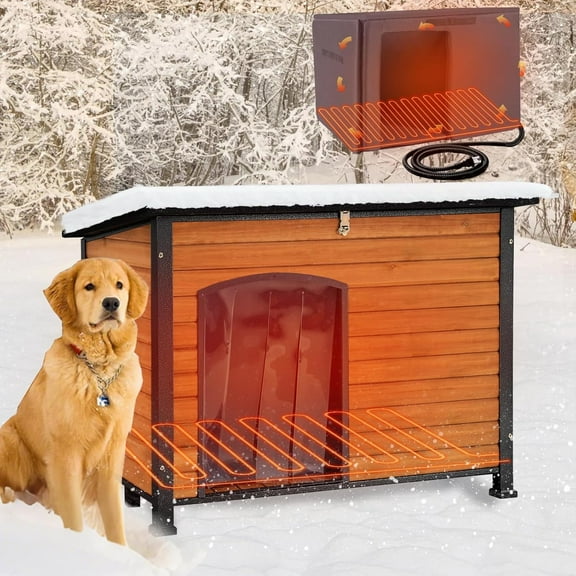 Aivituvin Heated Dog House Outdoor 43.3" Insulated Dog Kennel with Electric Heating Pad Keep Warm in Winter, Strong Iron Frame Pet Shelter,Weather-Resistant
