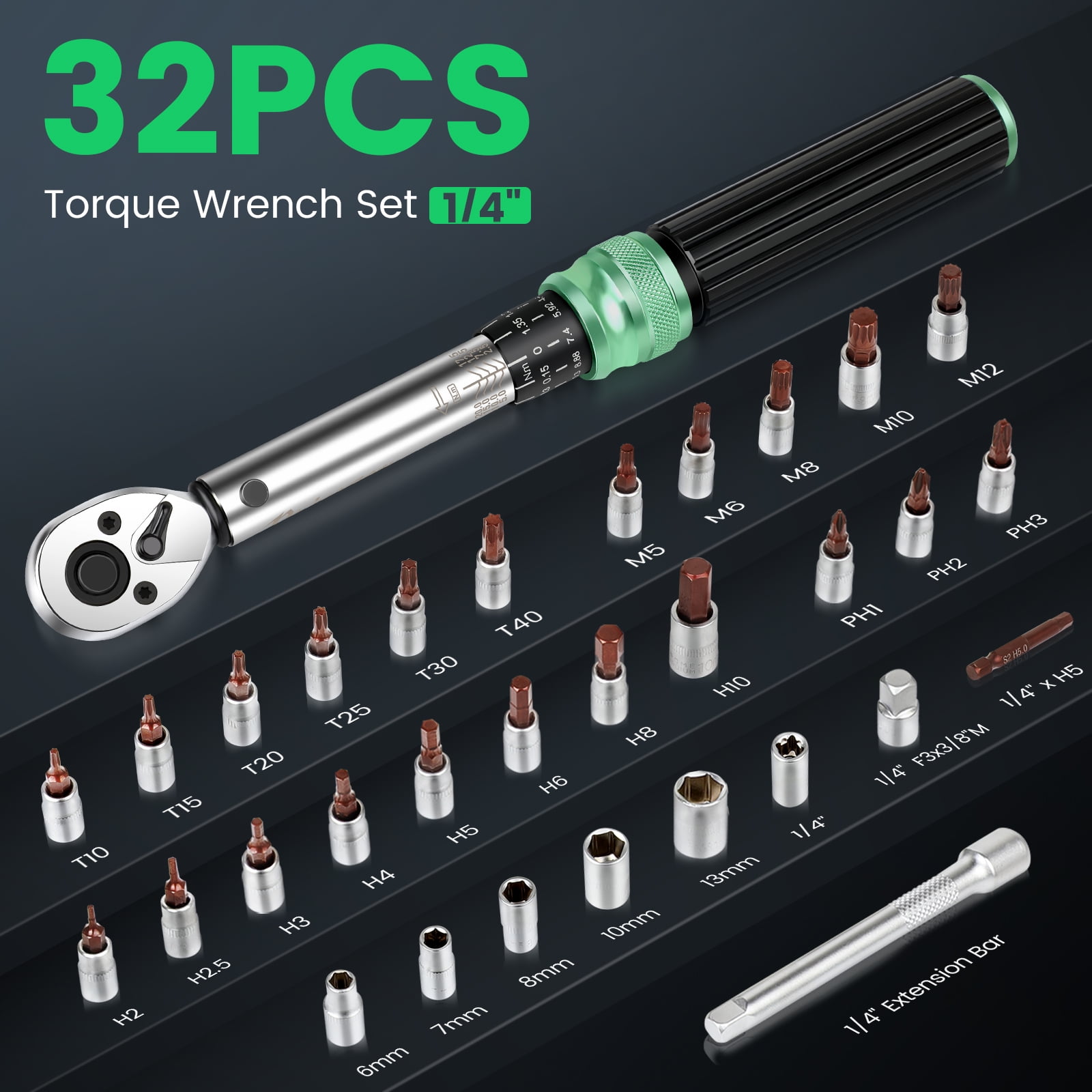32-Piece 1/4" Torque Wrench Set 1.84–14.76 ft-lbs/2.5–20 N.m, with Extension Bar, Adapter, Bits & Portable Case for Bicycle, Motorcycle, Car Maintenance