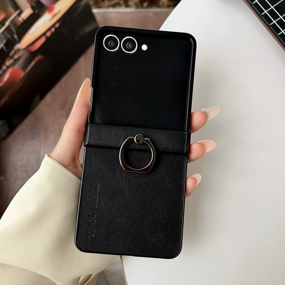 ELEHOLD Case for Motorola Razr 60 Ultra /Razr Ultra 2025, Shockproof Hinge Protection Leather Phone Case with Ring Stand,Black