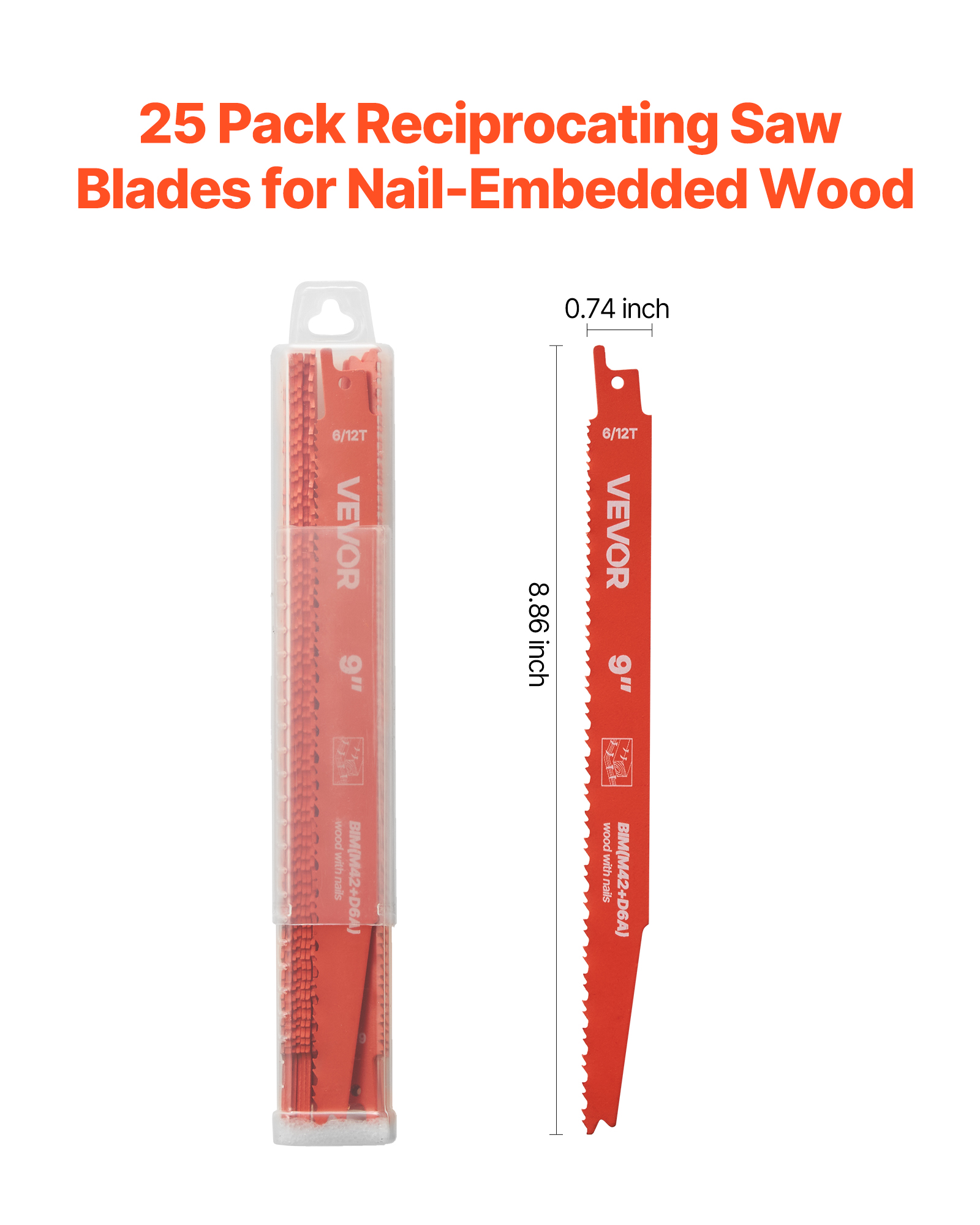 VEVOR Reciprocating Saw Blades, 25 Pack, 6/12 TPI Bi-Metal Reciprocating Saw Blade Set with Universal Shank, Sharp Teeth for Fast and Smooth Cuts, for Wood and Nail-Embedded Wood Demolition, Orange