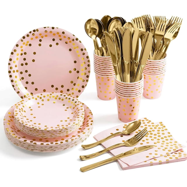 Juego Vajilla Fiesta 200 Piezas, Platos, Cubiertos y Vasos Reutilizables, Incluye Cucharas, Tenedores, Cuchillos, Servilletas, Para Bodas, Cumpleaños, Navidad y Eventos (Rosa)