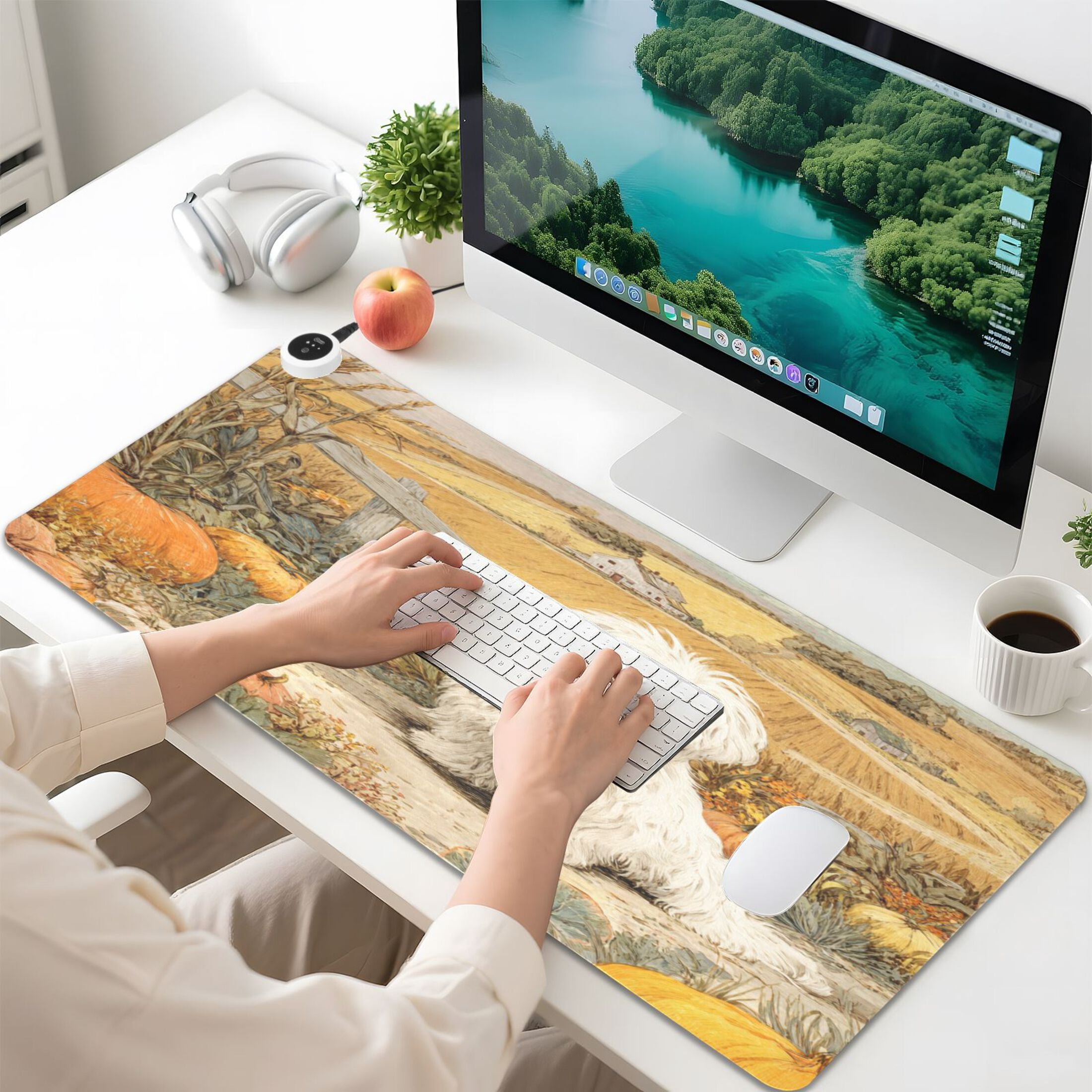 Large Heated Desk Mat Mouse Pad 31.5"x13"PU Leather Graphene Heating Desk Warmer with 3 Temperature Settings 110V US Plug Non-Slip Warm Pad for Home, Office, and Gaming White Havanese Dog Pattern