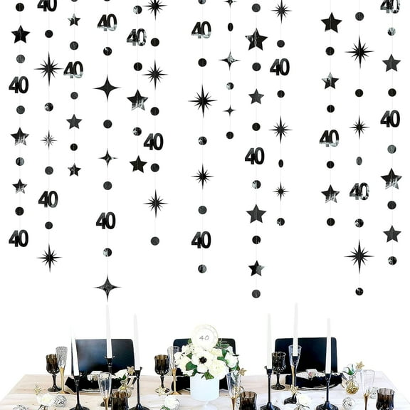 Cheerland Black 40th Birthday Decorations Number 40 Circle Dot Twinkle Star Garland Metallic Hanging Streamer Bunting Banner Backdrop