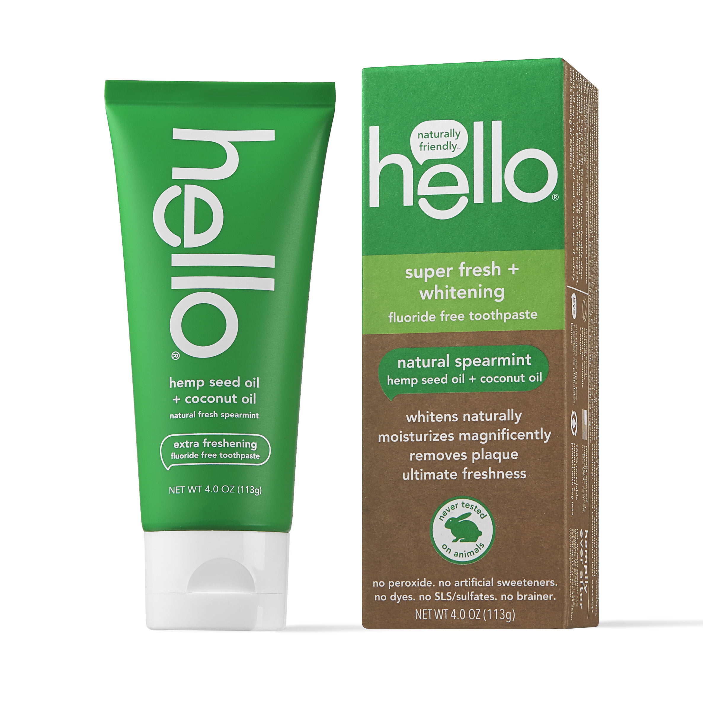 Hello Super Fresh + Whitening Fluoride Toothpaste, Spearmint Flavor, with Hemp Seed Oil