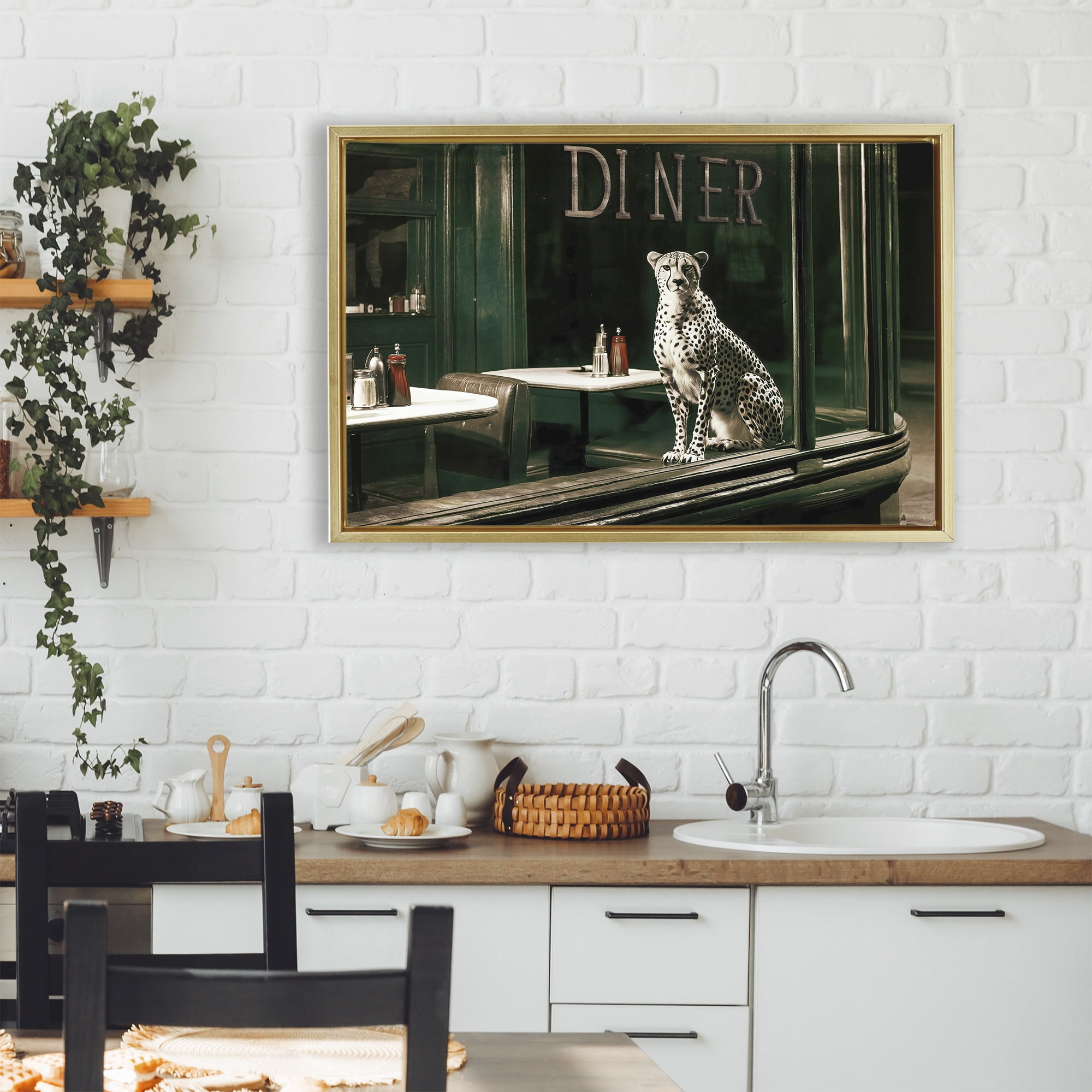 Stupell Industries Diner Sentry Leopard Gold Framed Floater Canvas Wall Art, design by Annabelle Hall