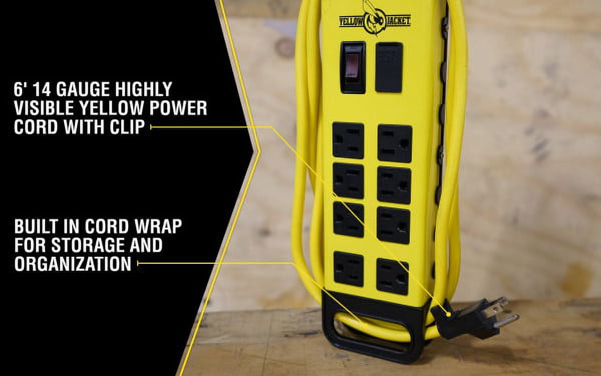 Yellow Jacket 5148 Yellow 8-Outlet Metal Power Block with 2.4A USB Ports and Debris Covers