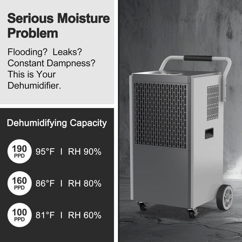 190 pt. 6000 sq.ft. Bucketless Industrial Dehumidifier in. Blacks for Garage, with Drain Hose, Auto-OFF, 10-95%RH Range