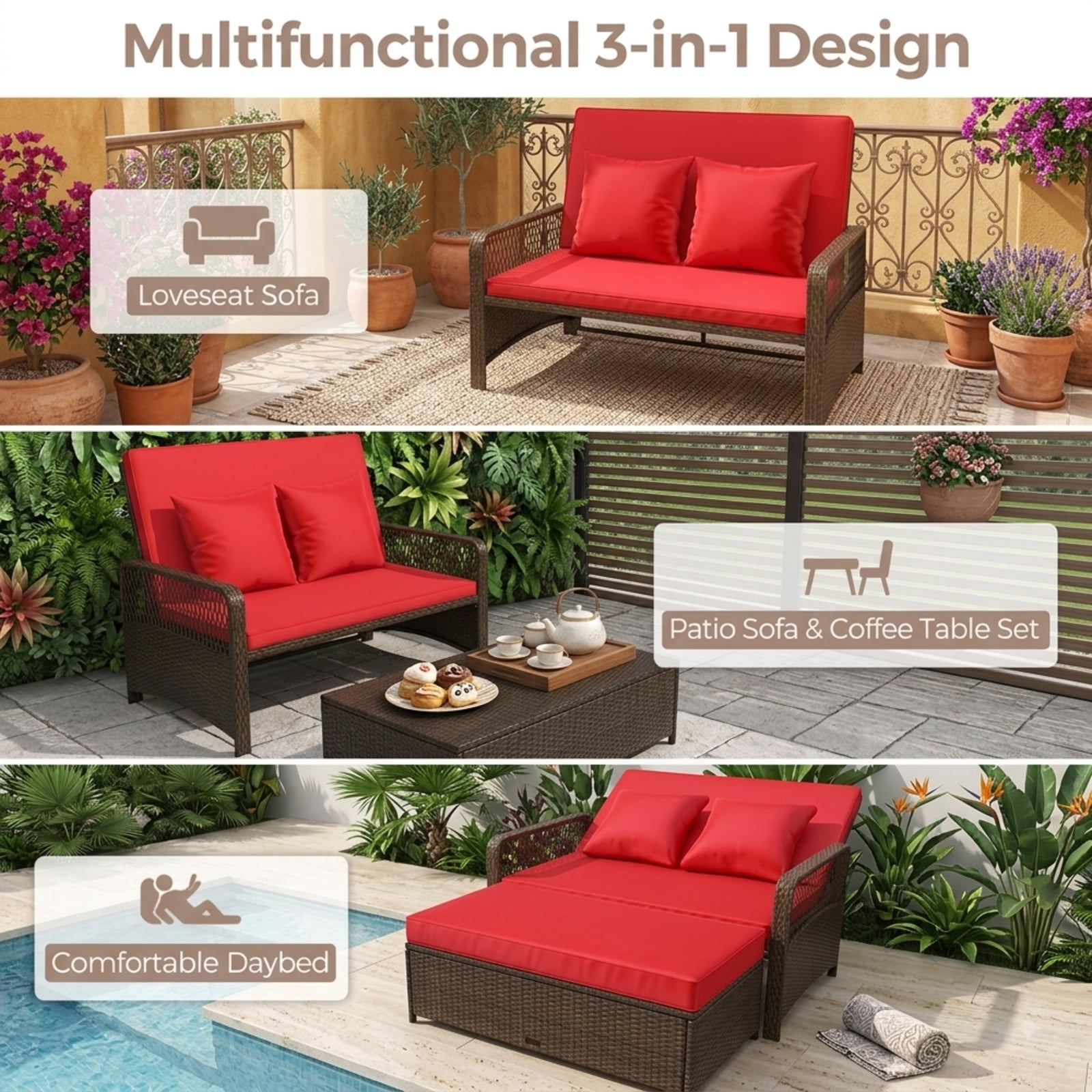 Furnibear Red Patio Wicker Daybed, 4-Position Reclining PE Rattan Loveseat with Storage Ottoman, Convertible Outdoor Sofa for Poolside, 800 LBS